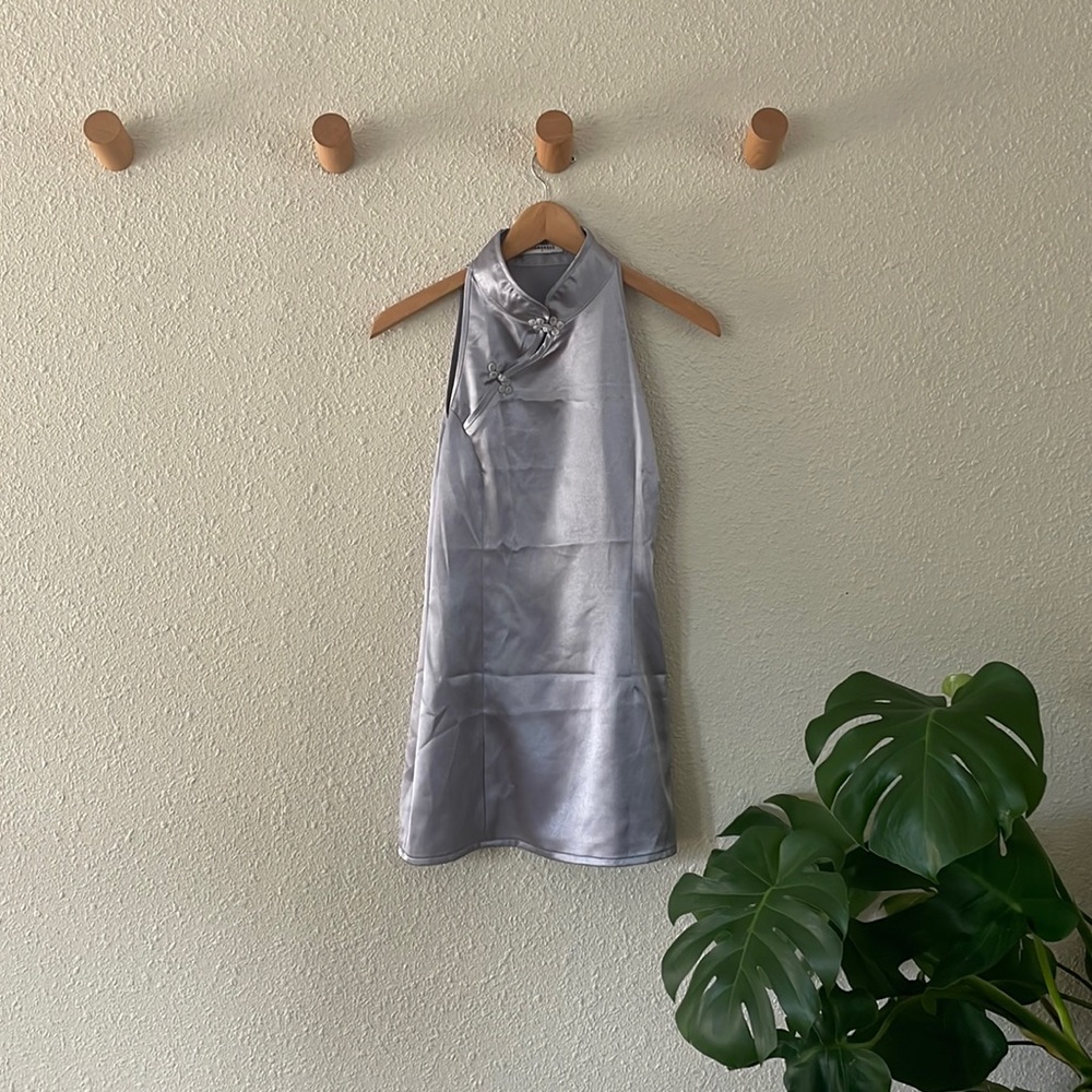 Silver/blue satin mini dress. Tailored to be a size 6. MissGuided.
